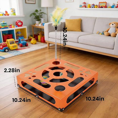 2026 New Metal Cat Scratch Puzzle Enrichment Box,cat Puzzle, 1 Spring-Loaded Colorful Feather Stick with a Bell,No Assembly Required, All Cats Indoor Play Toy