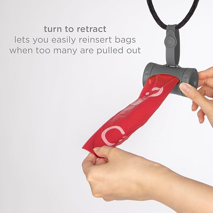 Ubbi Retractable Dog Poop Bag Holder and Dispenser with Silicone Strap Leash Attachment, Includes 2 Rolls of Lavender Scented Leakproof Waste Bags, Charcoal