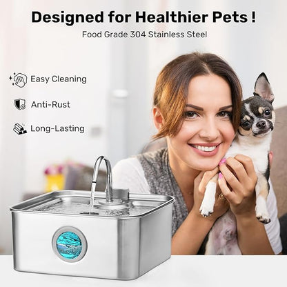 FUKUMARU Dog Water Fountain, 1.8 Gal/7L Stainless Steel Large Pet Fountain for Multi-Pet Households, 2026 Upgraded Ultra Quiet Automatic Water Dispenser with 4-Stage Filtration & 3 Filters, Silver