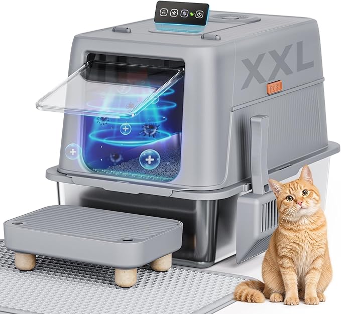 GTPLAYER XXL Stainless Steel Cat Litter Box with Lid, Smart Odor Control Enclosed Litter Box for Cats, Infrared Sensor Auto Pause, Non-Stick Anti-Leak High-Sided, with Mat, Scoop & Step, Grey