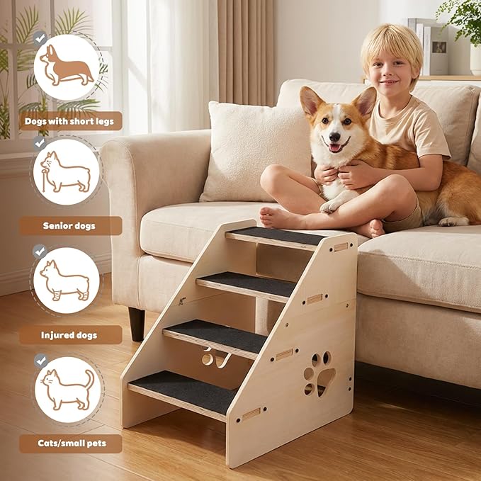 Dog Stairs Ramp, Wooden 4-Step Dog Ramp for Small/Medium/Older Dogs and Cats, Non-Slip Pet Ladder for High Beds, Sofas, Bay Windows