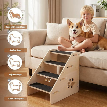 Dog Stairs Ramp, Wooden 4-Step Dog Ramp for Small/Medium/Older Dogs and Cats, Non-Slip Pet Ladder for High Beds, Sofas, Bay Windows