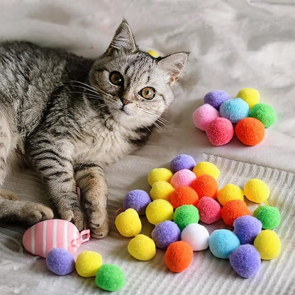 50 PCS Cat Pom Pom Balls, Pompoms for Cats, Interactive Lightweight Fuzzy Toy Balls Plush for Indoor Cats, Assorted Colors for Kitten Playing Exercising, 0.9inch