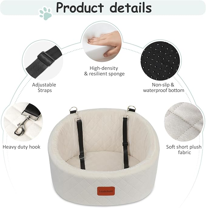 Lealchum Dog Car Seat for Small Dogs Up to 30 Lbs,Ultra Soft Fabric Fill in Comfy Memory Foam,Happy Pet Ride,2 Safety Dog Leashes,Fully Detachable and Washable,Anti Slip Base(Beige)