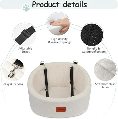 Lealchum Dog Car Seat for Small Dogs Up to 30 Lbs,Ultra Soft Fabric Fill in Comfy Memory Foam,Happy Pet Ride,2 Safety Dog Leashes,Fully Detachable and Washable,Anti Slip Base(Beige)