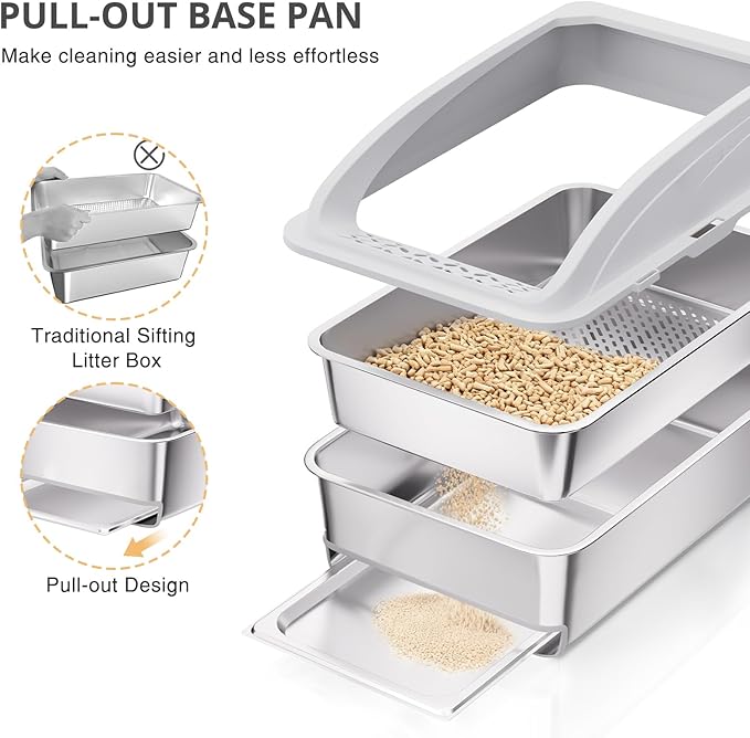 23.6"x15.7"x13.78" Stainless Steel Sifting Litter Box with Lid, XL Sifting Design for Pine Pellets, High Sides Metal Litter Box for Big Cats 7.9in Deep, Easy-to-Clean Removable Drawer Pan