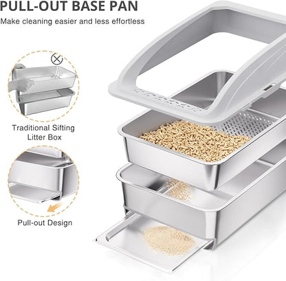 23.6"x15.7"x13.78" Stainless Steel Sifting Litter Box with Lid, XL Sifting Design for Pine Pellets, High Sides Metal Litter Box for Big Cats 7.9in Deep, Easy-to-Clean Removable Drawer Pan