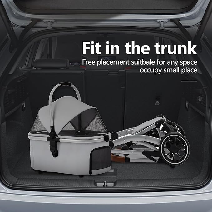 3 in 1 Pet Stroller for Small/Medium Dogs & Cats with Detachable Carrier, Storage Basket and Pet Pad, 4 Wheels Foldable Pet Travel Carrier for Car Seat & Hand Carry, Safe Outings (Grey)
