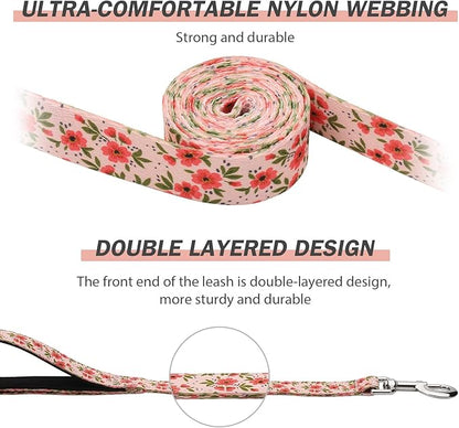 Hikiko Double Handle Dog Leash 6 Foot Cute Girl Padded Traffic Handles for Walking Training (Cream Natural Floral, 6ft)