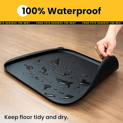 Silicone Dog Food Mat with Side Pocket & Hook Hole, Soft Raised Edges, Easy Clean Waterproof Non-Slip Pet Feeding Mat for Cats and Dogs Water Bowl, Pets Accessories(18"x12",Black)