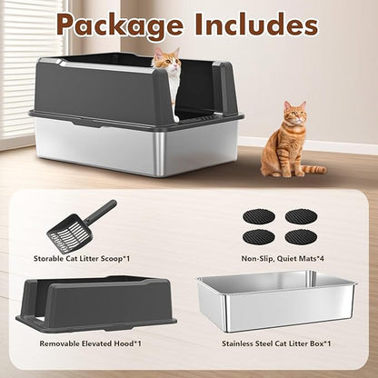 Jumbo Stainless Steel Cat Litter Box, Open Top Litter Box with 13.7" High Sides to Stop Scatter, Large Cat Litter Box for Multiple Cats, Easy Clean & Odor Resistant, Includes Scoop