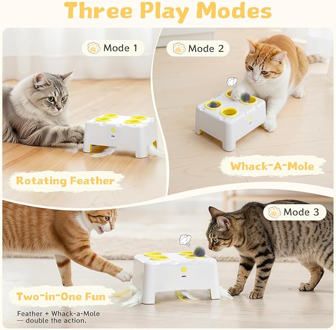Cheese Box Interactive Cat Toy for Indoor Cats, 3-in-1 Whack a Mole Feather Toy, 3 Modes Rechargeable Auto Cat Toys for Bored Cats, 4 Holes Kitten Toy, 4 Accessories (White)