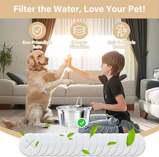 16+16 Pack Replacement Filters for Pawccoli 7L/1.8Gal Dog Water Fountain Stainless Steel, Includes 16 Filters & 16 Sponges