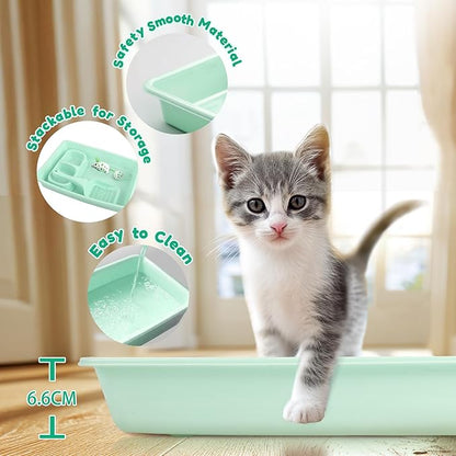 PAWISE Cat Litter Box Set, Small Kitten Starter Kit, Includes Litter Box, Litter Scoop, Double Dish Feeding Bowl, Cat Mouse Toy, Kitty Ball Toy, Green