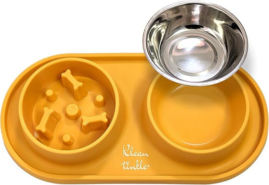 Pets Anti-Skid Dog Bowl Set - Removable Double Slow Feeder With Non-Skid Silicone Mat - Stainless Steel Water Bowl for Cats & Pets (Yellow)