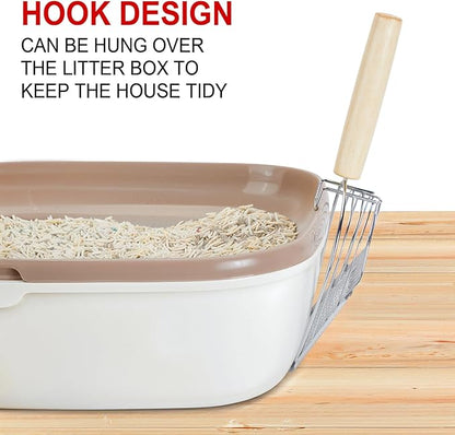 Ownpets Iron Metal Cat Litter Scoop, Heavy Duty Kitty Litter Scooper & Speed Sifter to Catch Small & Large Clumps, with Eucalyptus Wood Handle, Non-Stick Deep Shovel for Effective cleanup