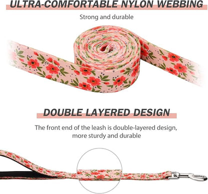 Hikiko 4 Foot Double Handle Dog Leash Cute Girl Padded Traffic Handles for Walking Training (Cream Natural Floral, 4ft)