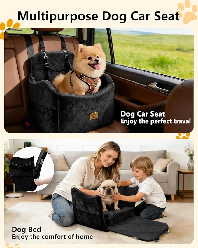 Dog Car Seat for Small/Medium Dogs Up to 35 lbs, 2-in-1 Pet Car Seat with Memory Foam, Machine Washable Dog Bed for Cars, Non-Slip Pet Booster Carseat with Safety Leashes, Storage Pockets (Black)
