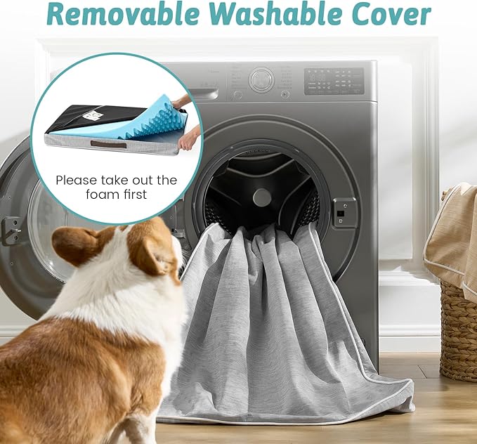 Cooling Dog Bed for Crate, Waterproof Dog Crate Mat with Removable Washable Cover, Orthopedic Egg Crate Foam Support, Small Dog Bed 24x16x3 Inch,Silver Grey