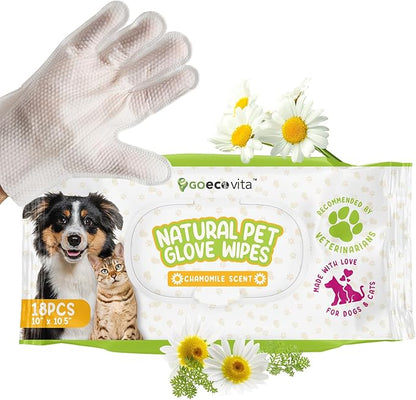 Pet Deodorizing Glove Wipes for Dogs & Cats | Nourish & Clean Fur & Skin | Coconut Oil & Chamomile Rinse-Free Wipes | Bathing Glove Wipes for Daily Care | Natural, Hypoallergenic (18 Pack)