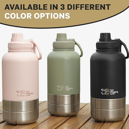 32oz 3-in-1 Portable Travel Water Bottle, Food & Hydration Bottle - Dual Use for Humans & Pets with Detachable Bowls, Stainless Steel, Keeps Water Hot for 6hrs & Cold for 12hrs