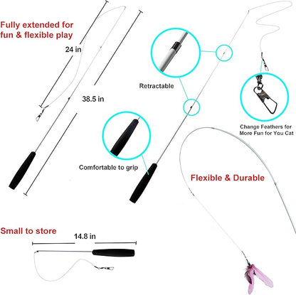 Youngever 6-Piece Cat Teaser Wand Toy Set with Assorted Refills, Interactive Feather Toys for Adult Cats