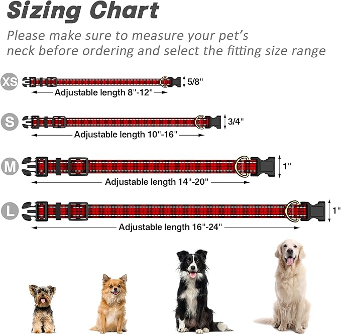 Reflective Dog Collar for Extra Small Dogs, Cute Boho Adjustable Heavy-Duty Nylon Puppy Collar for Boy and Girl Female, Soft Pet Accessories with Quick Release Buckle, Black Red Tartan