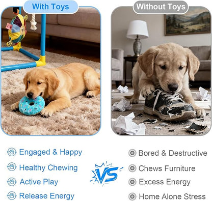 Puppy Play Gym with 8 Hanging Toys - Indoor Jungle Gym for Small Dogs, Interactive Enrichment Activity Center for Puppies, 19.5" PVC Frame with Teething Squeaky Toys to Keep Them Busy