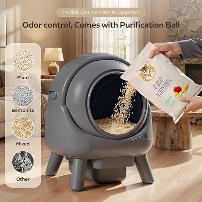 Automatic Litter Box, Self Cleaning Litter Box for Multiple Cats, Smart APP Control & Dual Safety Sensors, 15-Day Large Capacity Waste Bin, Odor Control, Includes Trash Bags,Gray