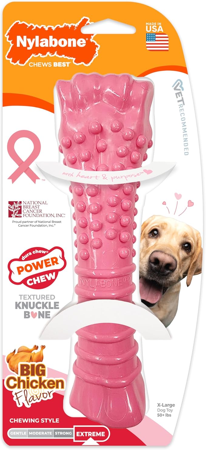 Nylabone Power Chew Breast Cancer Awareness Femur Bone Chew Toy for Dogs, Indestructible Dog Toys for Aggressive Chewers, Chicken Flavor, X-Large/Souper (1 Count)