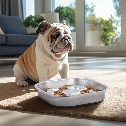 Nicelock Slow Feeder Dog Bowls 304 Stainless Steel 5 Cups, Large Capacity Dog Food Slow Feeding With Non-Slip Rubber Base, 2-in-1 Slow Feeder Metal Dog Bowl for All Breeds Size