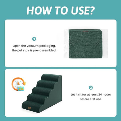 Wide Dog Stairs for Small Dog 22.6" H, Curved Pet Step for Puppy, Older Cat, Curved Ramp for High Bed or Car, Ladder with High Density Foam, Durable, 5 Step, 17.7x33x22.6 inch, Dark Green