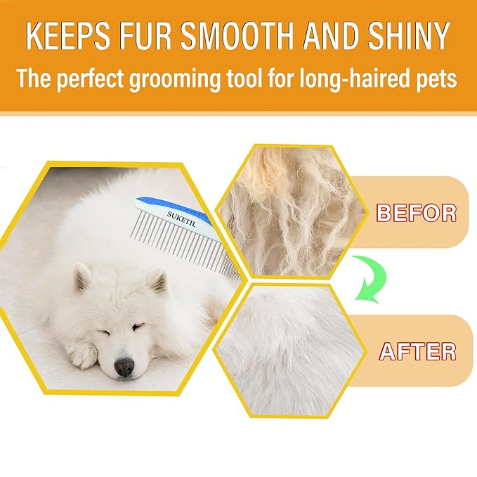 Dematting Comb for Dogs & Cats, Removes Tangles & Matted Fur, Stainless Steel Teeth, Non-Slip Handle, Pet Grooming Tool (Style 1- Blue)