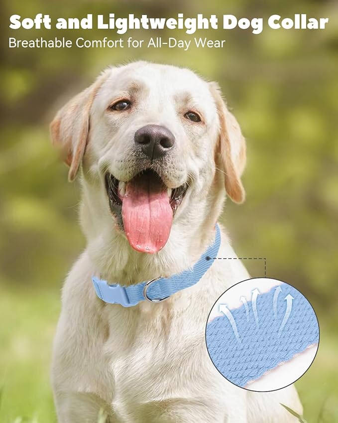 Dynmeow Soft and Breathable Cotton Dog Collar, Durable Adjustable Heavy-Duty Boy Pet Collar with Quick-Release Buckle, Lightweight for Sensitive Skin for Large Dogs, Light-Blue, L