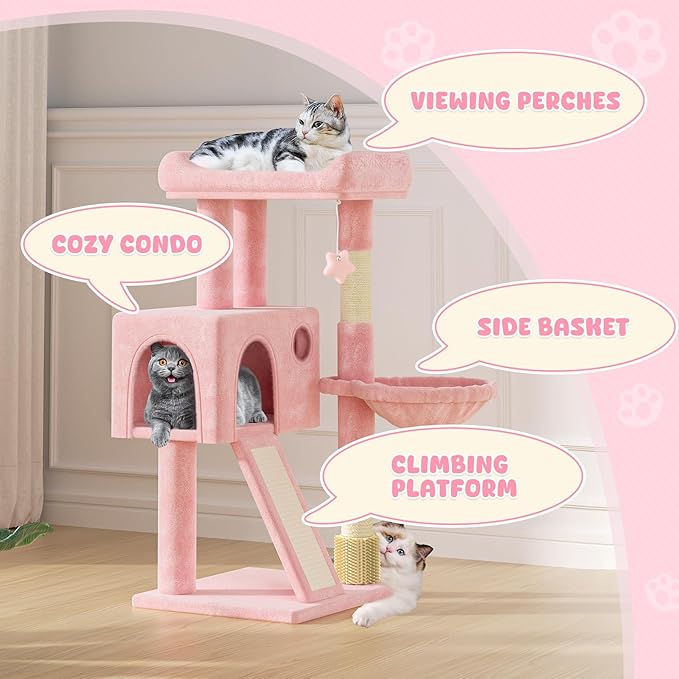 Magshion 36" Cat Tree Tower for Indoor Cats, Compact Multi-Level Cat Condo with Scratching Posts, Top Perch, Side Basket and Dangling Ball, Cat Climbing Tower for Kittens and Elderly Cats, Soft Pink