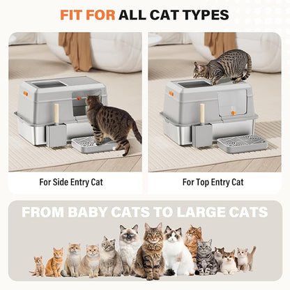 Removable Stainless Steel Cat Litter Box with lid, Side & Top Entry Kitty LitterBox，Cat Litter Box Enclosure, XL Extra Large High-Sided Metal Cat Box with Scoop, Footboard（Grey）