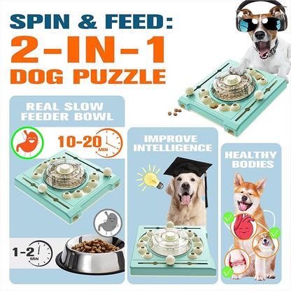 KADTC 2 Levels of Challenge Dog Puzzle Feeder Toy U.S. Brand - Design Spin-to-Release Treat Food Dispenser for Small Medium Large Dogs Boredom Buster Mental Stimulation Enrichment Slow Feeding Toys