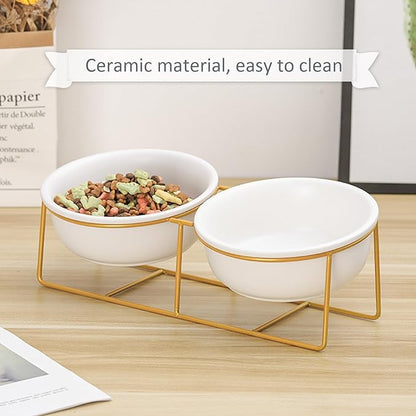 Elevated Dog Bowls for Small Dogs - 2 Ceramic Bowls with Gold Iron Stand - Raised Pet Dish Set for Food and Water - Comfortable Feeding