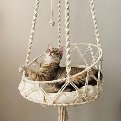 Macrame Cat Hammock with Cushion Handwoven Boho Hanging Cat Bed Pet Kitten Swing Bed for Playing Sleeping Climbing and Lounging (130 cm)