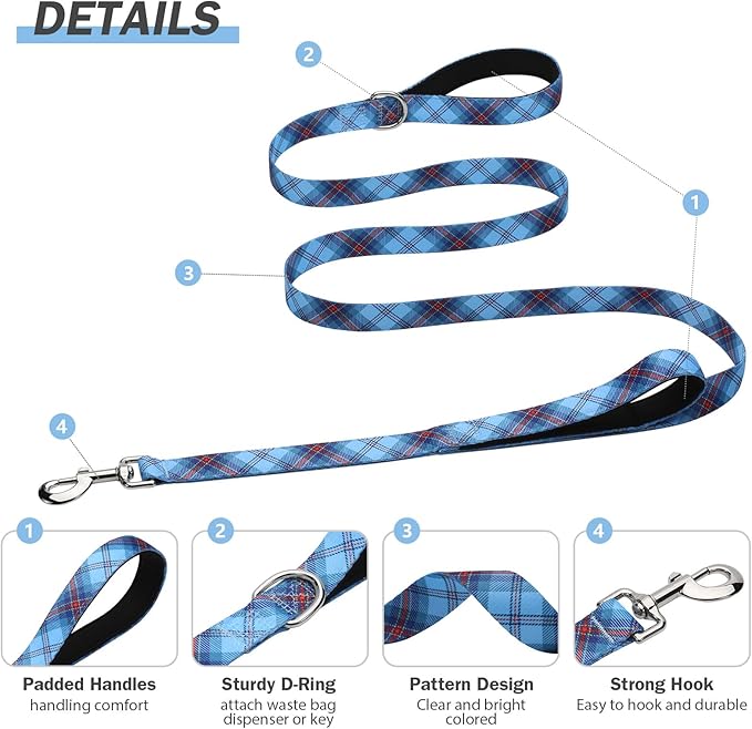 Hikiko Double Handle Dog Leash 4 Foot for Small Medium Large Dogs, Padded Traffic Handles Lead for Walking Training (Blue Plaidl)