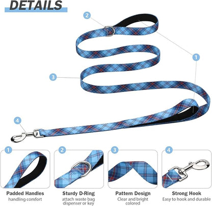 Hikiko Double Handle Dog Leash 4 Foot for Small Medium Large Dogs, Padded Traffic Handles Lead for Walking Training (Blue Plaid)