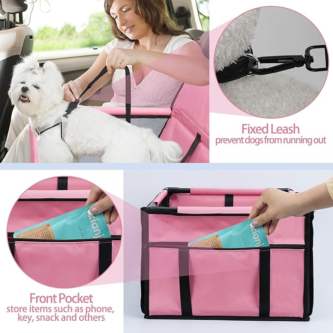 PetsHome Dog Car Seat Foldable Dog Car Booster Seat Waterproof Breathable Oxford Travel Bag for Small to Medium Dogs, Puppies, and Pets-Pure Pink-Upgrade