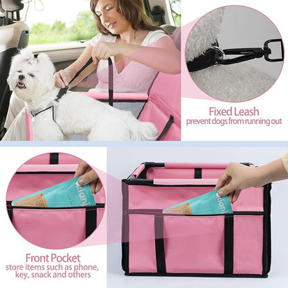 PetsHome Dog Car Seat Foldable Dog Car Booster Seat Waterproof Breathable Oxford Travel Bag for Small to Medium Dogs, Puppies, and Pets-Pure Pink-Upgrade