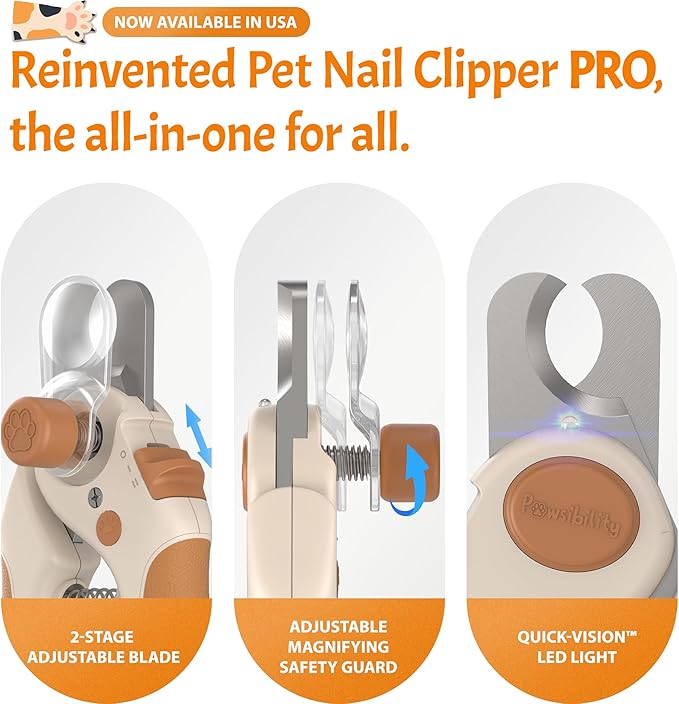 Pet Nail Clipper PRO 2026 - Quick-Vision LED Light | 2-Stage Adjustable Professional-Grade Blade | Adjustable Magnifier Safety Guard - for Cats, Small, Medium and Large Dogs - Brown