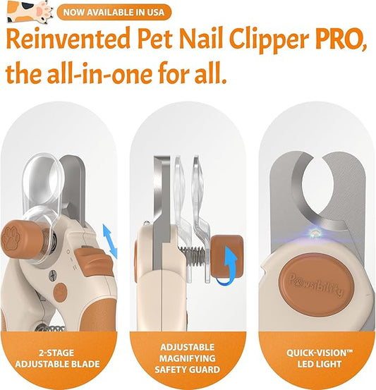 Pet Nail Clipper PRO 2026 - Quick-Vision LED Light | 2-Stage Adjustable Professional-Grade Blade | Adjustable Magnifier Safety Guard - for Cats, Small, Medium and Large Dogs - Brown
