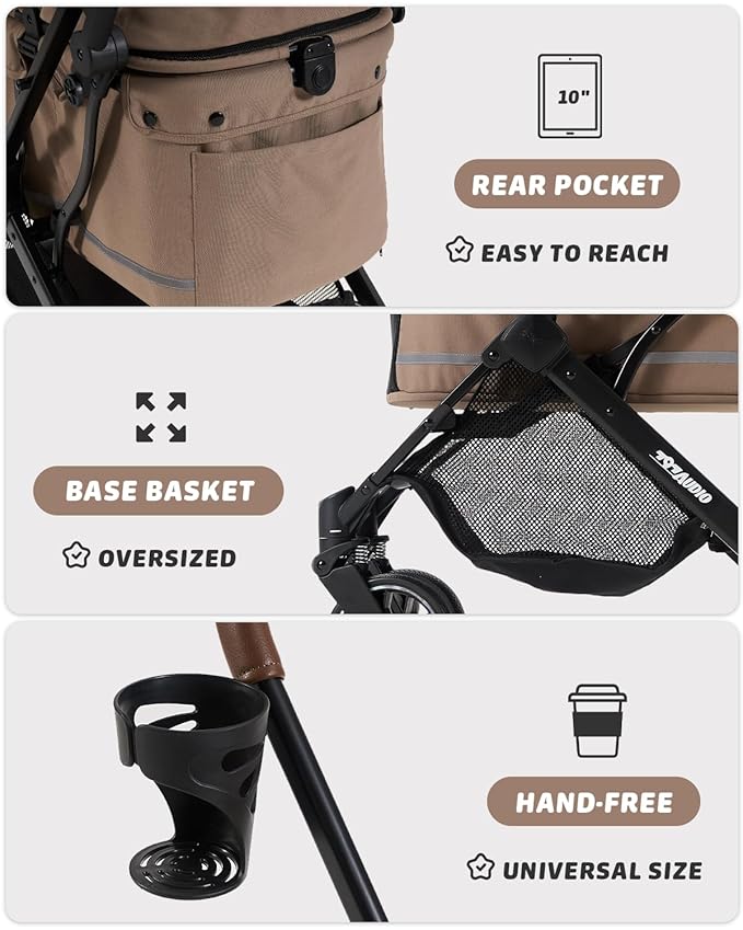 797Audio Dog Stroller for Small Medium Dogs,Pet Stroller for Cats Puppy Up to 121lbs,Foldable,One Click Folding,4 Wheel Shock Absorption,Adjustable Canopy with Sun Shades,Removable Washable Pad(Brown)