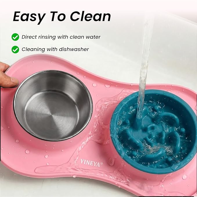 Slow Feeder Dog Bowls Stainless Steel Food and Water Bowl Set 3 in 1 No Spill Waterproof Silicone Pet Food Mat Puppy Feeding Station for Large Medium Small Breed Non Slip Metal Dish Tray by YINEYA