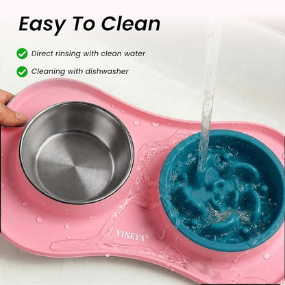 Slow Feeder Dog Bowls Stainless Steel Food and Water Bowl Set 3 in 1 No Spill Waterproof Silicone Pet Food Mat Puppy Feeding Station for Large Medium Small Breed Non Slip Metal Dish Tray by YINEYA