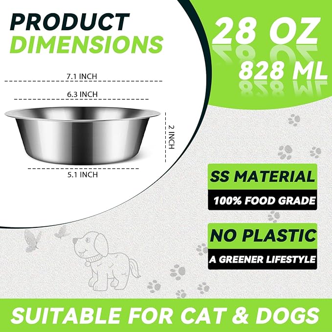 6 PCS Medium Stainless Steel Dog Bowls, 7.1inch Metal Dog Bowl, Pet Puppy Food Water Bowl Set, Thickened Metal Food Water Bowls for Small and Medium Dogs, Dishwasher Safe (28OZ)