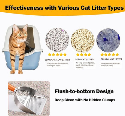 Custom 40% Thicker Side Edges 304 Stainless Steel Metal Cat Litter Scoop with Holder Stand Small Broom & Dustpan - Durable, Anti-Break Handle
